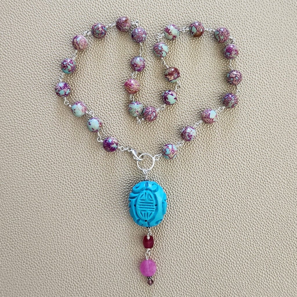 Purple Sea Sediment Jasper With Carved Bead-Necklace-18 98$